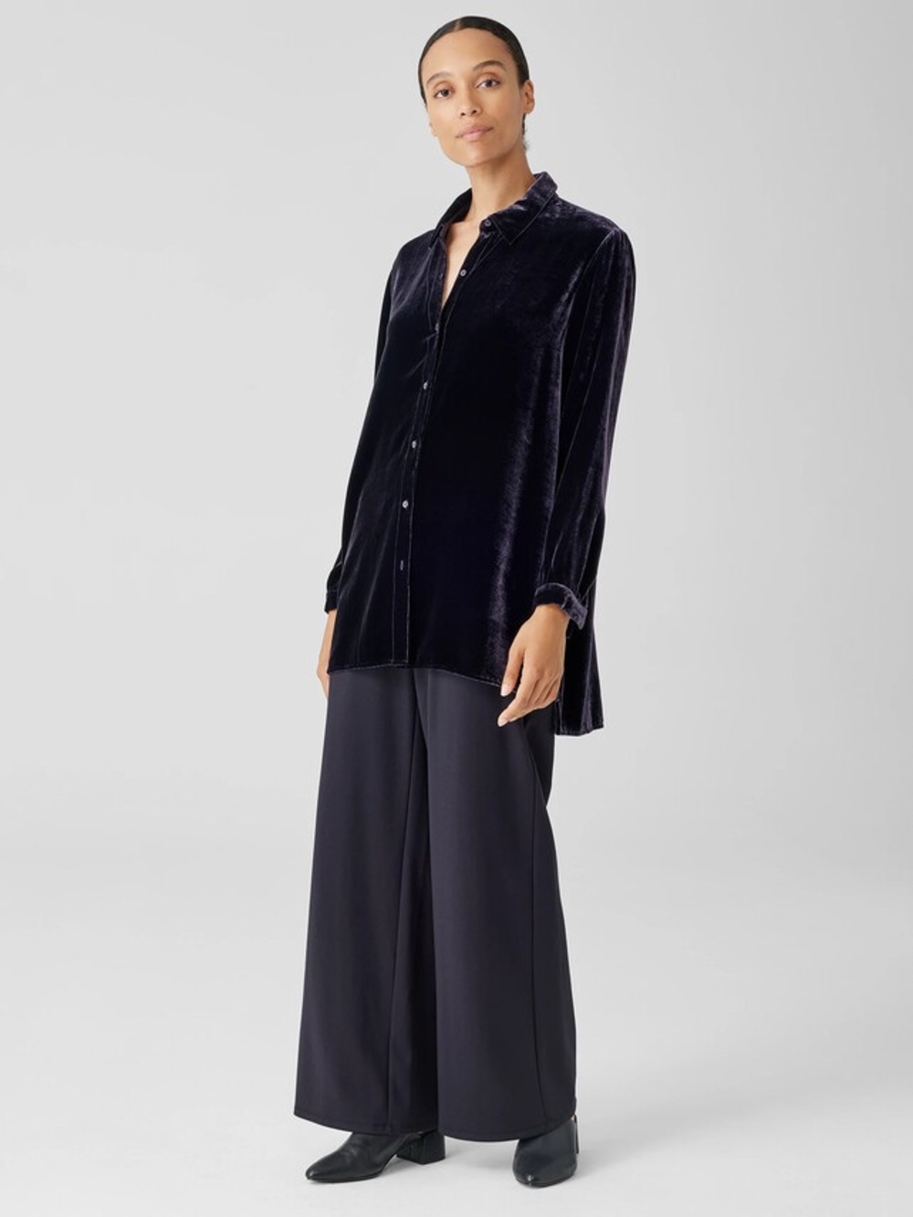 Eileen Fisher Velvet Long Shirt Classic Collar Silk Blend Tunic Top Easy Fit